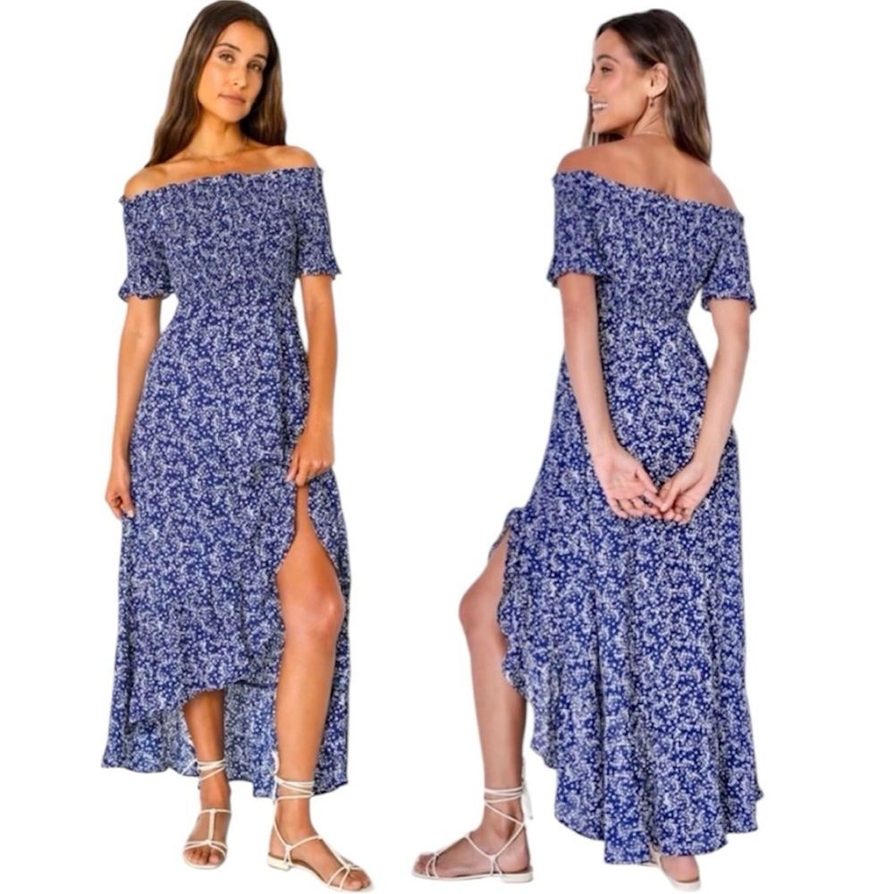 Lulu's Fleur-tation Navy Blue Floral Print
Off-the-Shoulder Midi Dress Womens M